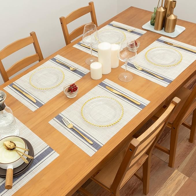 Winknowl Placemats Set of 8, Heat Resistant Non-Slip Vinyl Woven Table Mats for Dining Table, Washable Durable Elegant Place Mats for Kitchen Indoor/Outdoor Use (Beige Blue)
