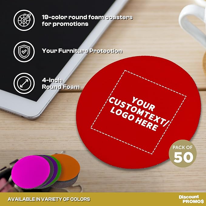 50 Round Foam Bud Coasters Pack, 4 inch - Customizable Text, Logo - PU Foam, Party Favor - Red