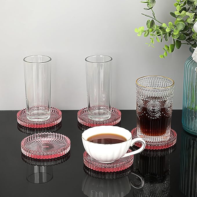 JUXYES 8 Pack Clear Pink Crystal Coasters Round Cup Mat, Glass Coasters for Drinks Coffee Tea Wine, Decorative Wine Bottle Coaster, Crystal Drink Coasters for Restaurant bar Kitchen Dining Table