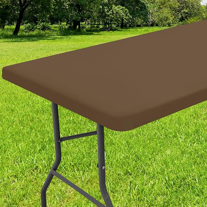 Smiry Rectangle Tablecloth, Elastic Fitted Flannel Backed Vinyl Tablecloths for 6ft Folding Tables, Waterproof Wipeable Table Covers for Indoor, Outdoor, Picnic and Camping (Brown, 30"x72")