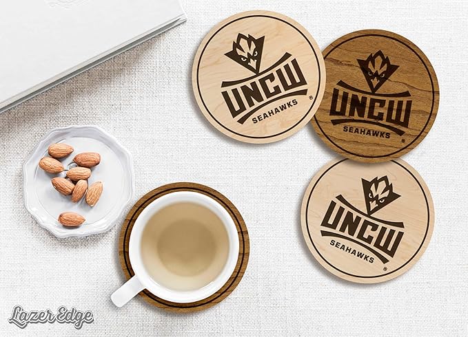 LazerEdge UNC Wilmington Seahawks Wooden Coaster Set - Cherry Wood - Officially Licensed Product - 4-Pack