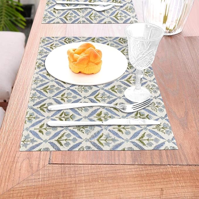 Block Print Floral Placemats 12x18 Inches Set of 4, Boho Blue Flower Decorative Modern Rectangle Table Mats for Party, Home Kitchen,Dining Table Decoration