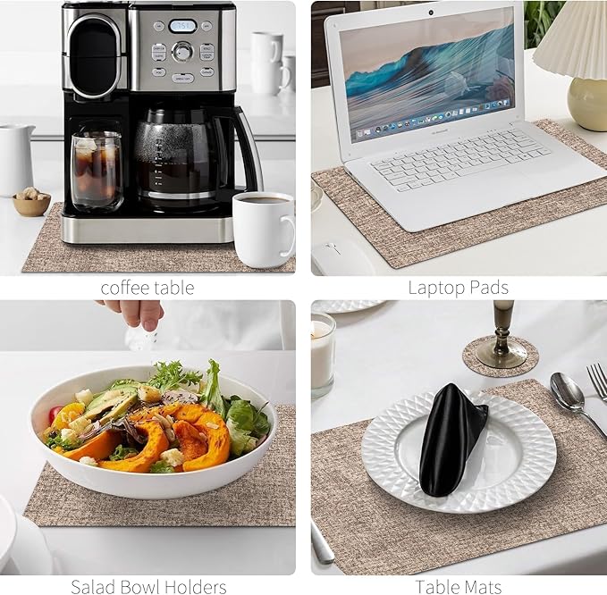MOSAYT Faux Leather Placemats Set of 12, Heat Resistant Vinyl Place Mats with Coasters, Wipeable Washable 100% Waterproof Oil Proof Table Mat for Kitchen Dining Party Indoor Outdoor, 12" x 17", Khaki