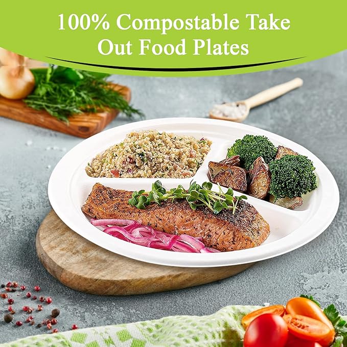 three leaf 10" 3 COMPARTMENT BAGASSE ROUND PLATE, 500 Ct. Heavy-Duty- Super Strong- Natural- Eco-Friendly Disposable Bagasse Plates, 100% Biodegradable 10 inch 3 compartment plates