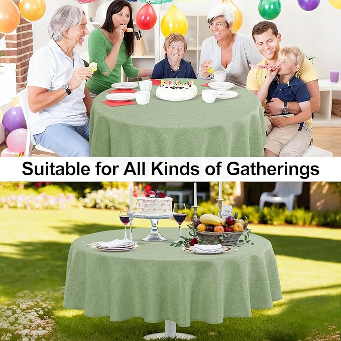 JIUZHEN Round Table Cloth Faux Linen Farmhouse Tablecloth Wrinkle and Stain Resistant Decorative Fabric Table Cover for Kitchen, Dining Room, Parties and Camping, Sage Green, 90 Inch Round