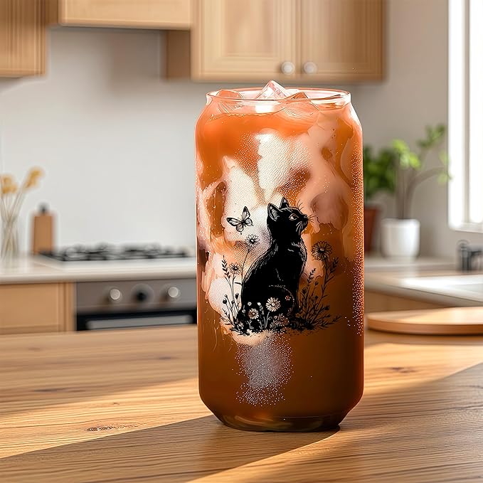 Cute Black Cat Glass Cup With Lids And Straws, Black Cat Gift For Women, Iced, Coffee, Smoothie, Cocktail, Beer, Whiskey, Soda, Matcha,16 Oz, Home Office Table Desk Decoration!