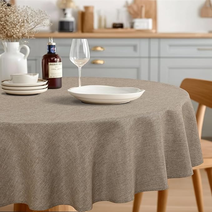JIUZHEN Round Textured Table Cloth Linen Wrinkle Free Stain Resistant Farmhouse Decorative Circular Tablecloth for Kitchen, Dining, Party, Wedding, Outdoor Use (45 Inch Round,Khaki)