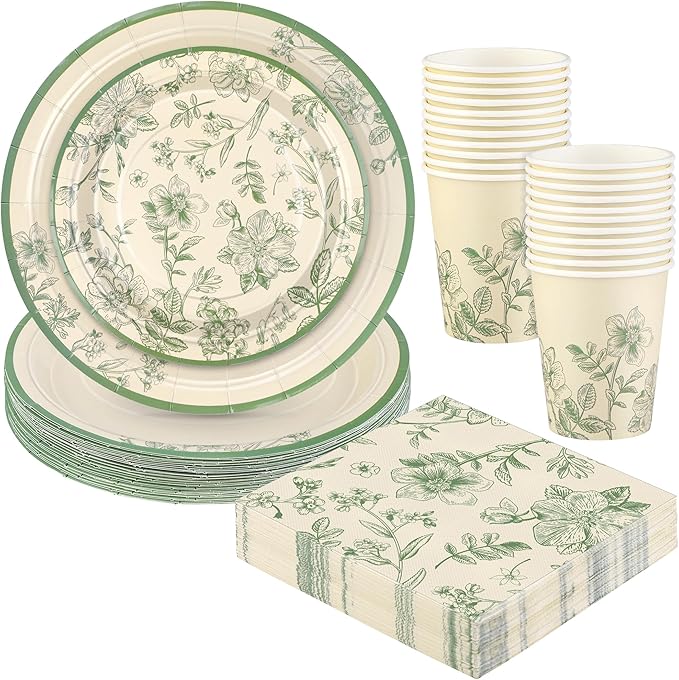 Kochorie 96 Pieces Sage Green Floral Party Supplies Elegant Floral Disposable Tableware Set Includes 9 Inch and 7 Inch Paper Plates, Cups, Napkins Serves 24 Guests for Birthday Baby Shower Wedding
