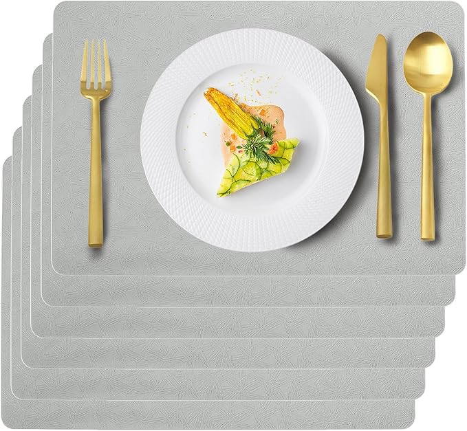 Vinyl Placemats Set of 6 Faux Leather 100% Waterproof Wipeable Washable Place Mats Heat Resistant Easy Clean Non-Slip Table Mats for Indoor Outdoor. (6, Light Gray)
