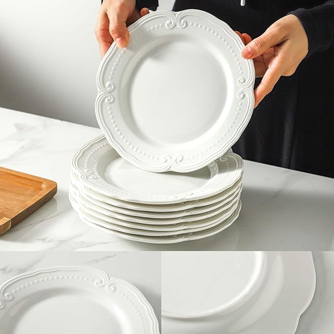 Neaylfe Embossed Salad Plates, 7.8 Inch White Ceramic Plates, The Dessert, Salad, Appetizer, Small Lunch, etc Plate, Restaurant Kitchen Dish, Microwave, Oven, and Dishwasher Safe - Set of 8
