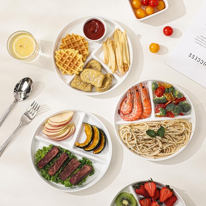 8" Ceramic Divided Plates Set - 4Pcs, Portion Control Plate, Bariatric Plate for Kids Adults, 3 Compartment Plates, Dinner Plates for Balanced Meal, Oven, Dishwasher Safe, White