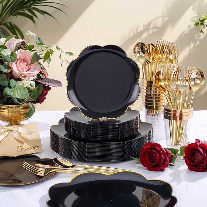 EI 180pcs Black Plastic Plates with Gold Plastic Silverware,Black and Gold Plates Disposable,Heavy Duty Plate for Party,Wedding,Anniversary,Spring Afternoon Tea Business Event