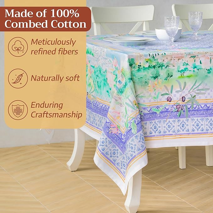 Maison d' Hermine Premium Table Cloth Rectangle Table 100% Combed Cotton 108 x 70 Inches Tablecloth Reusable Decorative for Dining Room, Farmhouse, Home, Party, Festive & Wedding - Luberon