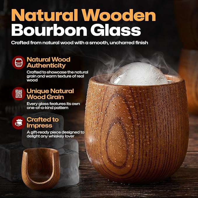 AIUHI Wooden Whiskey Glasses, Old Fashioned Bourbon Cups, Handcrafted Wooden Bourbon Drinking Glass for Ideal Gift for Whiskey Lovers, Perfect for Home Bar, Whiskey Tasting & Outdoor Gatherings(4Pack)