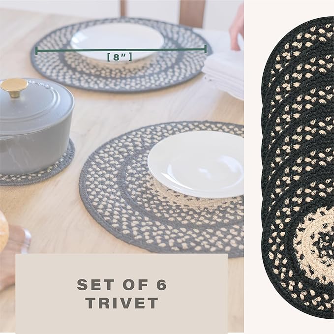 Manchester Jute Braided Kitchen Trivets for Hot Dishes, Country Primitive Decor, Set of 6, Black and Tan 8" Round Heat Resistant Mat - Rich Colors, Easy to Clean, Durable and Protects Furniture