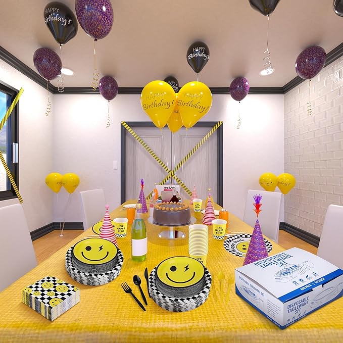Kochorie 400 Pieces One Happy Dude Disposable Party Tableware Sets Including Plates Cups Napkins Cutlery Serves 50 for Smiley Party 1st Birthday Preppy Party Decorations