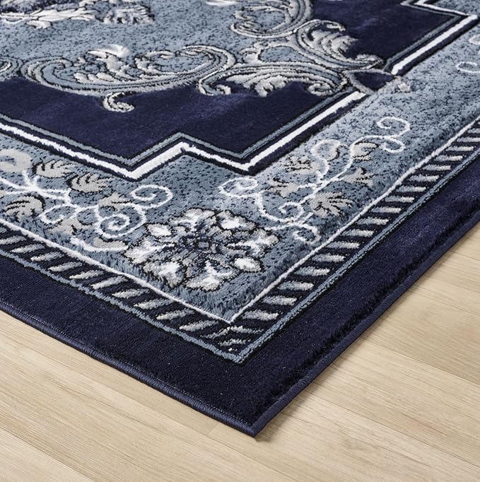 Modern 8 x 10 Rug for Living Room - Navy Oriental Large Area Rugs for Living Room, Dining & Bedroom - Hand Carved Runner Carpet - Durable Polyester - Non-Fade, Stain-Resistant - Turkish Made