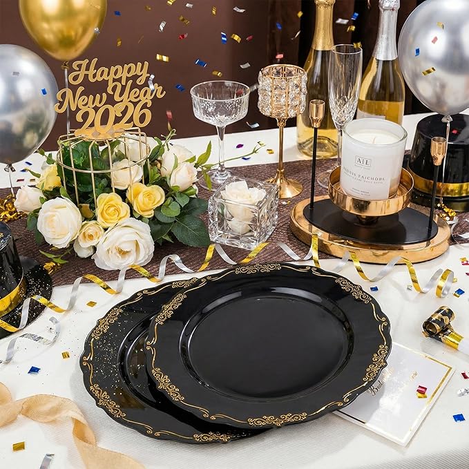 DaYammi 60PCS Black and Gold Plastic Plates, Heavy Duty Black and Gold Disposable Plates Premium 7.5 inch Dessert Cake Salad Appetizer Plate Hard Plastic Plate Disposable for Party Wedding