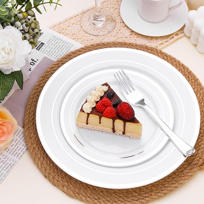 BESTSTAR 100PCS White Plastic Plates for Party, 10.25 Inch Disposable Plates with Silver Rim, Heavy Duty Dinner Plates for Christmas, Wedding and Birthday