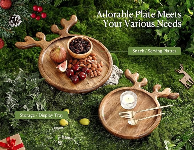 Acacia Wood Christmas Serving Platter with Antler Handle, 8"×10" Round Wooden Food Dish Plate, Decorative Charcuterie Board for Cheese Bread, Christmas Platter for Housewarming Decro Wedding