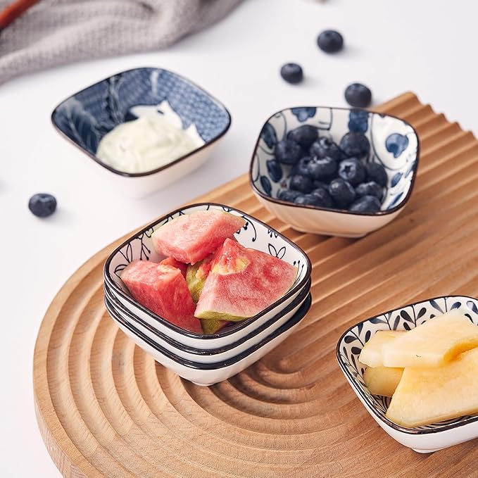 Japanese Style Ceramic Dipping Bowl,3.3'' Small Soy Sauce Dish for Condiments,Blue and White Small Bowl for Ketchup Stackable Side Dish Ramekins- Set of 6 (3.3 inch)