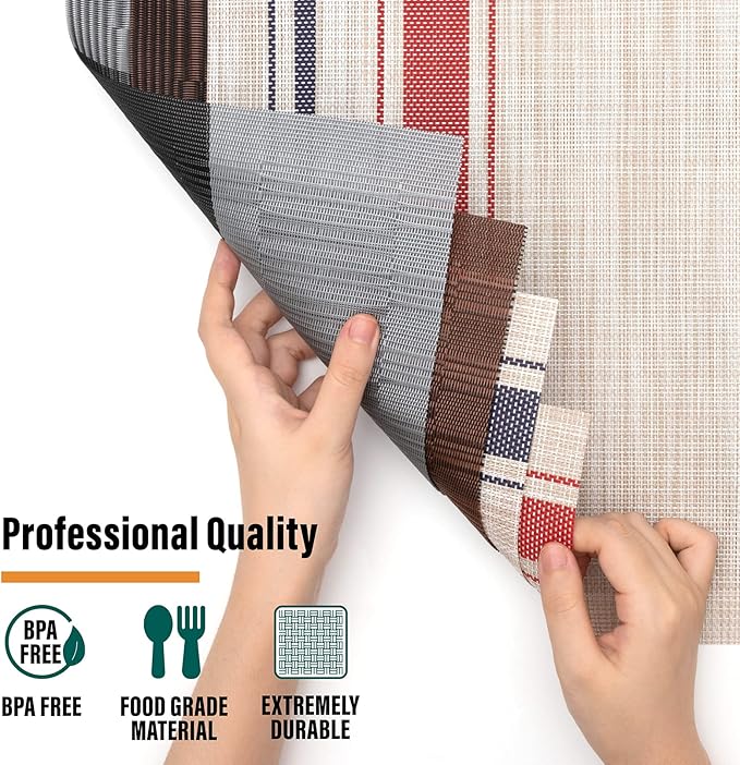 Winknowl Placemats Set of 8, Heat Resistant Non-Slip Vinyl Woven Table Mats for Dining Table, Washable Durable Elegant Place Mats for Kitchen Indoor/Outdoor Use (Beige Blue)