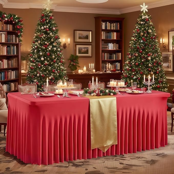 Wish Care 6 Pack Red Spandex Table Clothes for 6 Foot Rectangle Tables, 6FT Wrinkle Free Fitted Tablecloths Ruffles Design Table Cover for Party, Banquet, Wedding and Events