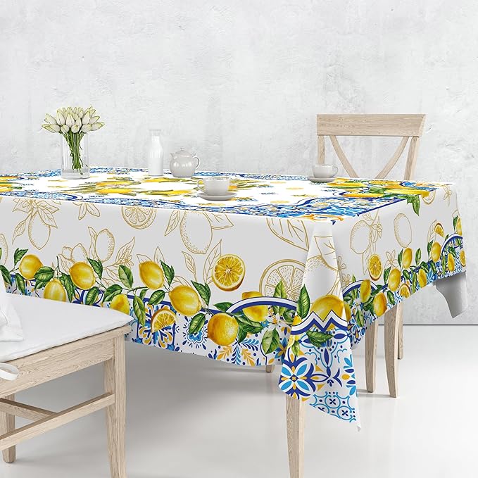 Lemon Tablecloth 60 x 120 Inch Rectangle, Yellow and Blue Mediterranean Summer Decor Tile Flower Pattern Table Cloth Italian Themed Decor for Party Oblong Table Cover for Dining Room