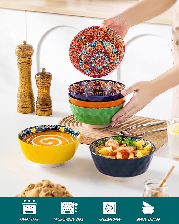 vancasso Boho Cereal Bowls Set of 6, 26 oz Ceramic Soup Bowls with Colorful Bohemian Pattern, Microwave & Dishwasher Safe Serving Bowls for Salad, Oatmeal, Pasta, KRVI Series