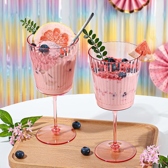 24 PCS Pink Plastic Wine Glasses with Removable Stems 13.5 OZ Ribbed Wine Glass Set Square White Wine Glasses Muted Pastel Colors Goblets Elegant Fluted Glassware for Wedding(Pink, 24 Pack)