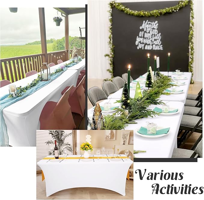 HAISIWLKJ 6 Pack Table Cloth 8ft White Tablecloths for Rectangle Folding Table Spandex Fitted Stretch Cover Wrinkle Resistant Washable Protector for Party, Wedding, Banquet, Festival.