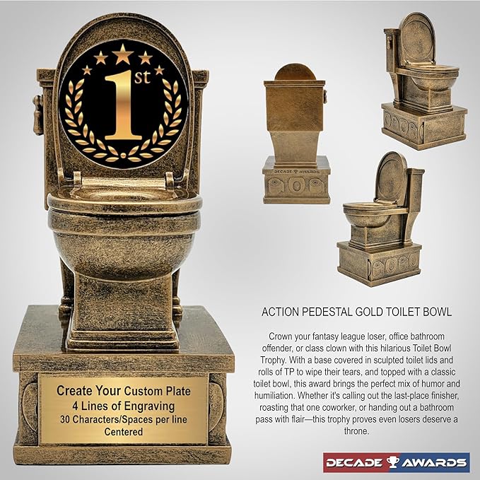 Decade Awards Action Pedestal Gold Toilet Bowl Trophy with Optional Inserts - Custom Engraved Plate On Request (7 Inch Tall)
