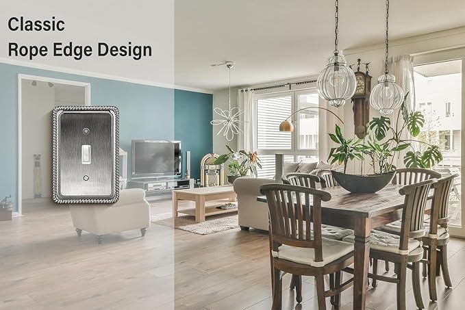 Henne Bery Rope Edge Decorative Wall Plate Switch Plate Outlet Cover, Aged Bronze (Single Toggle, 2 Pack, Heirloom Silver)