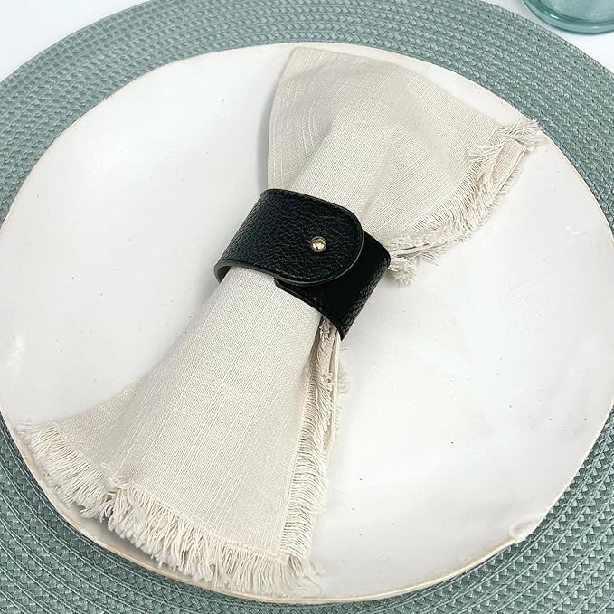 Luxury Leather Napkin Rings Set of 8, Black, Morgan Faux Style, Modern Cuff Design for Wedding Party Decorations, Kitchen, Holiday Table,Rust Proof,Hotel, Home, Table Accessories, Dining