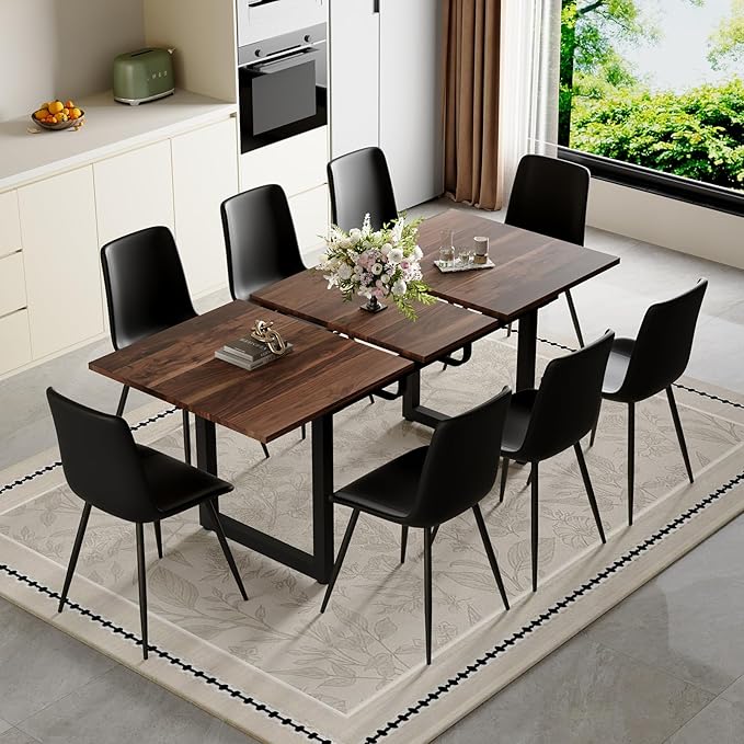 Extendable Dining Table Set for 8, 55"–71" Modern Wood Kitchen Table with 8 Upholstered Chairs, Space-Saving for Living Room Apartment, Sturdy & Comfortable, Easy Assembly