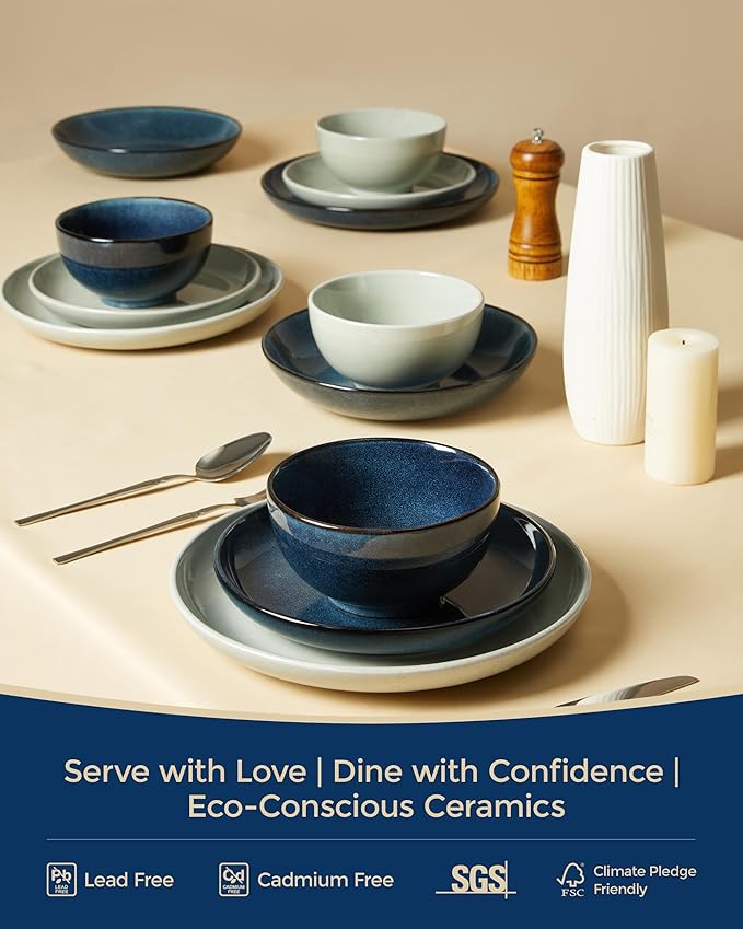 32 Piece Double Bowl Dinnerware Sets with Pasta Bowls, Highly Chip and Crack Resistant Plates and Bowls Sets, Natural Earthyware Ceramic Dishware Sets, Service for 8 Starry Blue