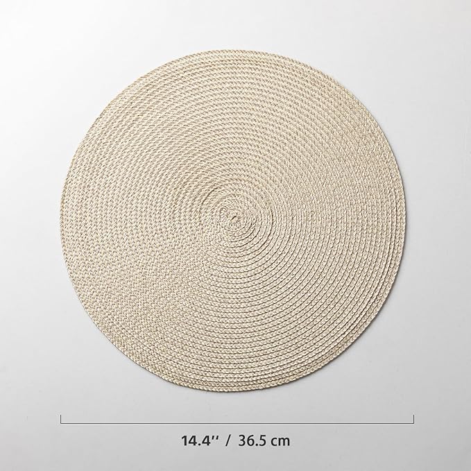 Round Placemats Set of 12 Plastic Woven Placemats Washable Wipeable Table Mats for Dining Table Heat Resistant Non-Slip Circle Place Mats (Beige-Brown)