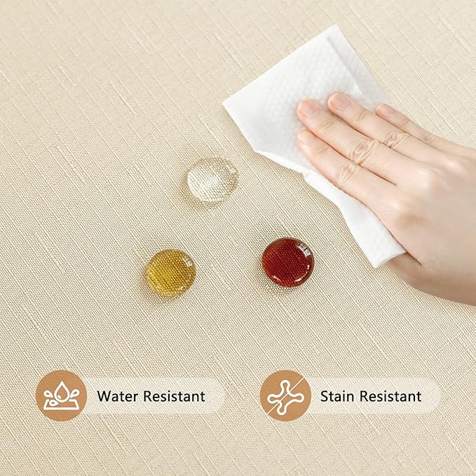Water Resistant 60 Inch Beige Round Table Cloth, Textured Wipeable Round Tablecloth, Anti-Scratch Faux Linen Fabric for Card Table Dining Room Kitchen Patio