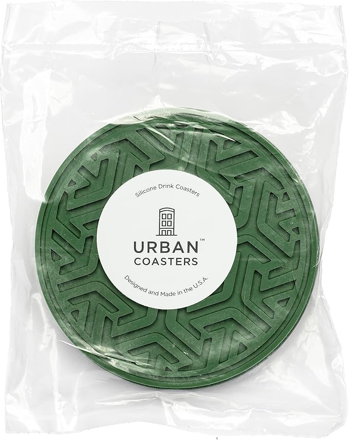 Drink Coasters for Tabletop Protection - Set of 4 No-Slip Silicone Rubber Coasters for Coffee Table, Desk & More - USA-Made Coasters for Drinks w/Liquid-Catching Grooves (Cactus Green)