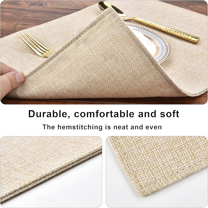 SLKQG Beige Linen Placemats Set of 8, Heat Resistant & Machine Washable Double-Layered Cloth Placemats for Dining Table, Indoor/Outdoor Use, Wrinkle-Free and Non-Slip Kitchen Table Mats (8, Beige)