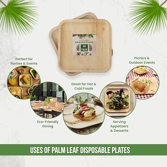 Palm Leaf Plates 10 Inch & 7 Inch (50-Pack), Square Bamboo Plates Disposable, Eco-Friendly, Biodegradable & Compostable Bamboo Appetizer Plates, Perfect Dinnerware for Desserts, Snacks, & Parties