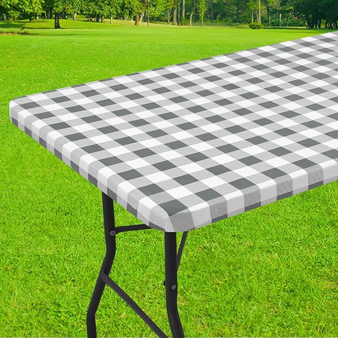 Smiry Rectangle Picnic Table Cloth, Elastic Waterproof Fitted Vinyl Tablecloths, Flannel Backed Buffalo Plaid Table Covers for Dining, Camping, Outdoor (White and Grey, 36" x 72")