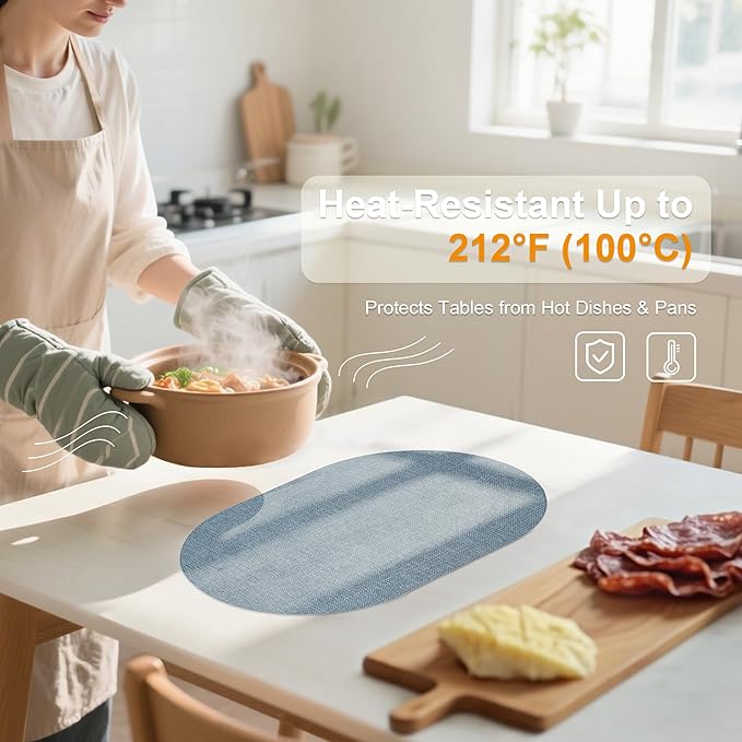 Oval Placemats for Dining Table Set of 2, Washable Leather Table Mats, Waterproof Heat-Resistant Non-Slip Kitchen Placemats, Simple Style Oval Design