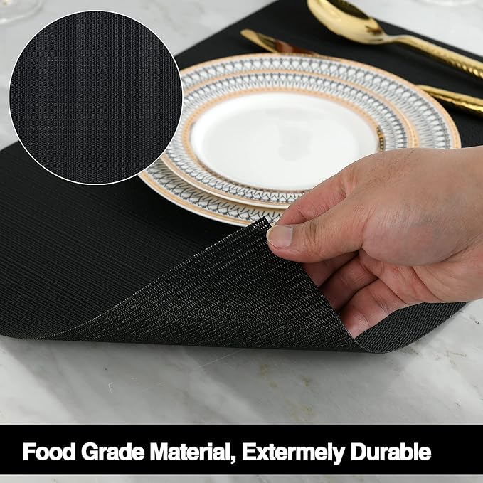 SLKQG Black Placemats Set of 8 - Easy Clean Washable Vinyl Placemats - Heat Resistant Placemats for Kitchen Table - PVC Table Mats for Dining Table (Pure Black, 8)