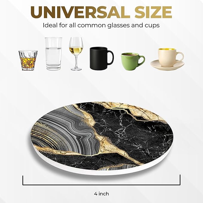 Luxury Black & Gold Marble Ceramic Coasters - Set of 4 with Black Metal Holder - Premium Round Drink Coasters for Coffee, Tea, Whiskey, Wine - Stylish Home & Kitchen Decor