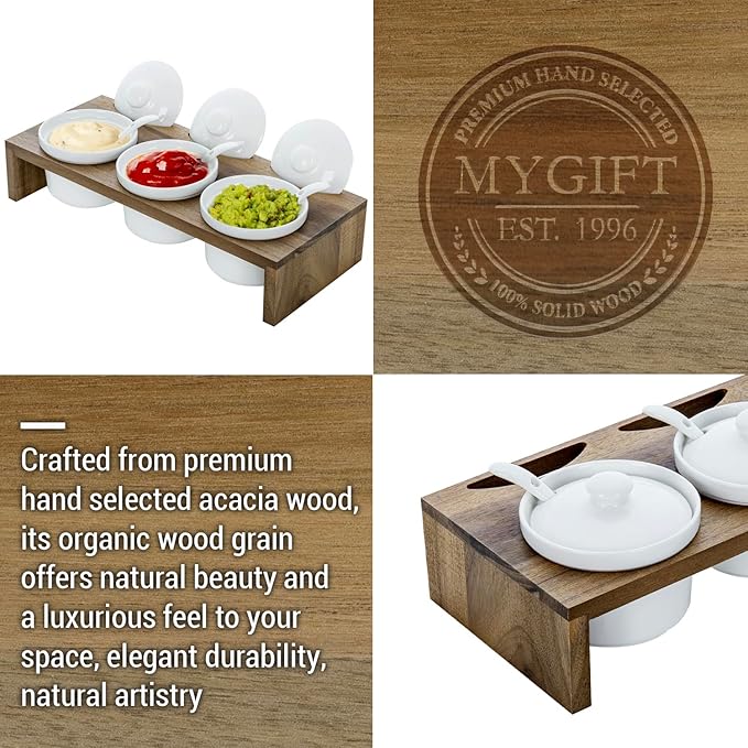 MyGift 10 Piece Condiment Pot Serving Set Includes Premium Acacia Solid Wood Raised Display Server Tray and 3 Ceramic Ramekin Dip Bowls with Lids and Spoons