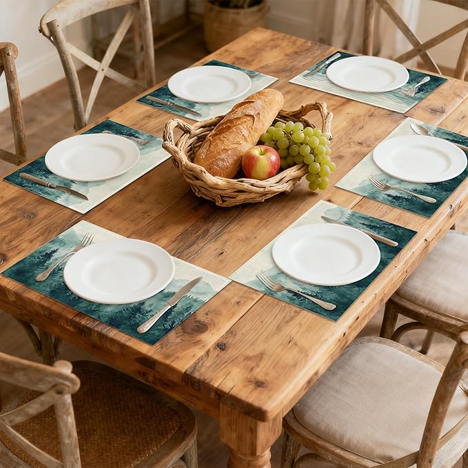 Placemats, Watercolor Forest Landscape Placemats 12x18 Inch Waterproof Non-Slip Washable Table Mats for Kitchen Dining Party Table Decor,Set of 6