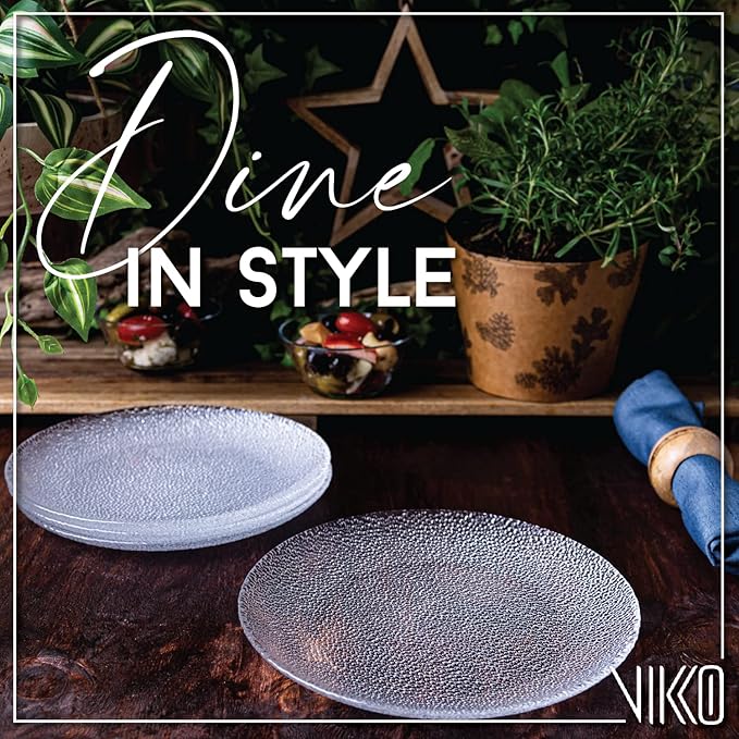 Vikko Salad Plate, Set of 6 Glass Plates, 8.5 Inch Dessert, Salad, Appetizer Plate, Elegant Textured Glass Design, Plates Set For Special Occasion, Dishwasher Safe
