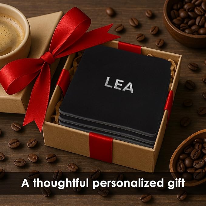 Northwind Personalized Leather Coasters – Set of 4 Full-Grain Leather 4” Square Drink Coasters with Custom Engraved Monogram Initials – Stylish Home Décor for Weddings and Holidays