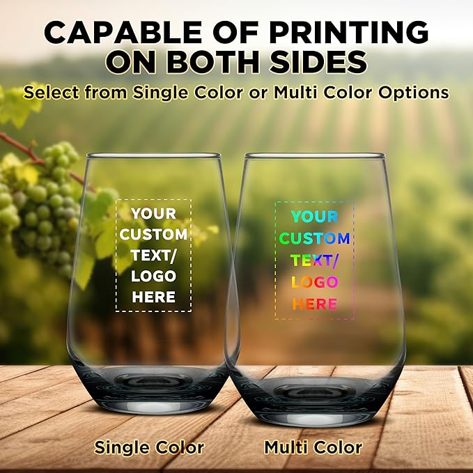 DISCOUNT PROMOS 10 Vaso Silicia Stemless Wine Glasses Set, 16 oz. - Personalized Text, Logo - Clear, Orb-Like, Thick base - Black